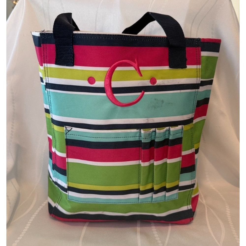 Thirty One Colorful Striped Canvas Tote Bag Monogram C - Read Description